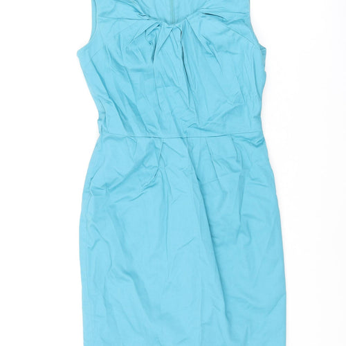 Warehouse Womens Blue Cotton Pencil Dress Size 10 Scoop Neck Zip - Rouched