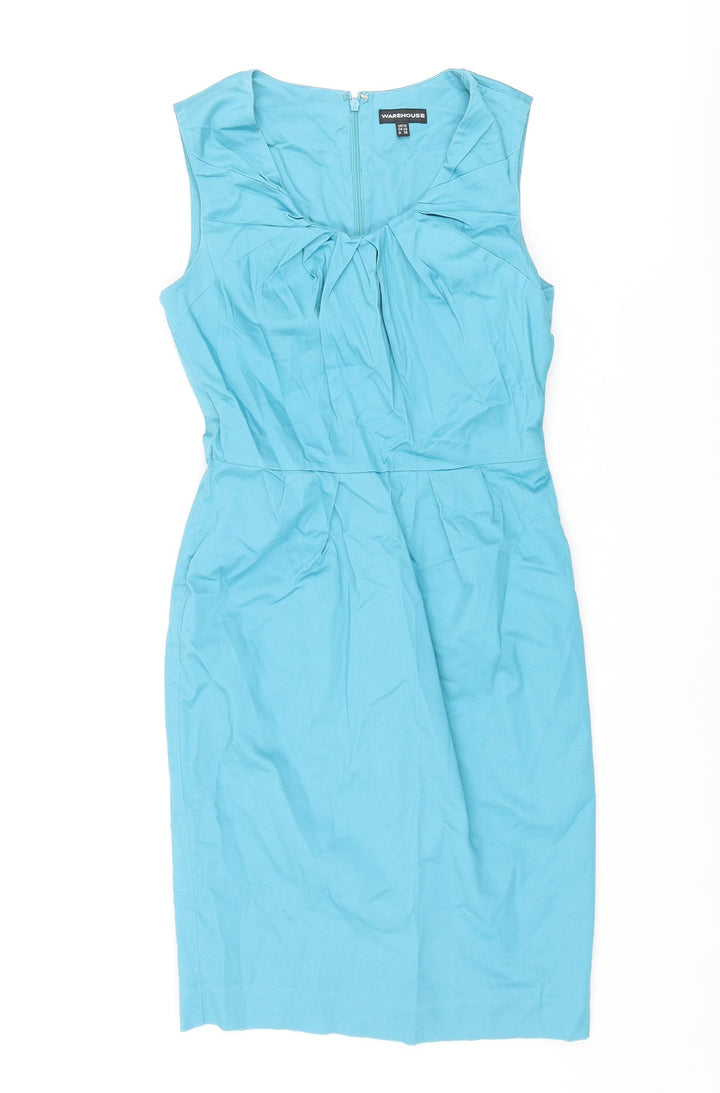 Warehouse Womens Blue Cotton Pencil Dress Size 10 Scoop Neck Zip - Rouched