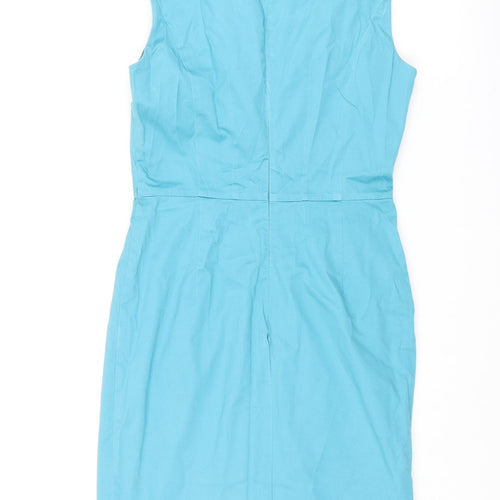 Warehouse Womens Blue Cotton Pencil Dress Size 10 Scoop Neck Zip - Rouched