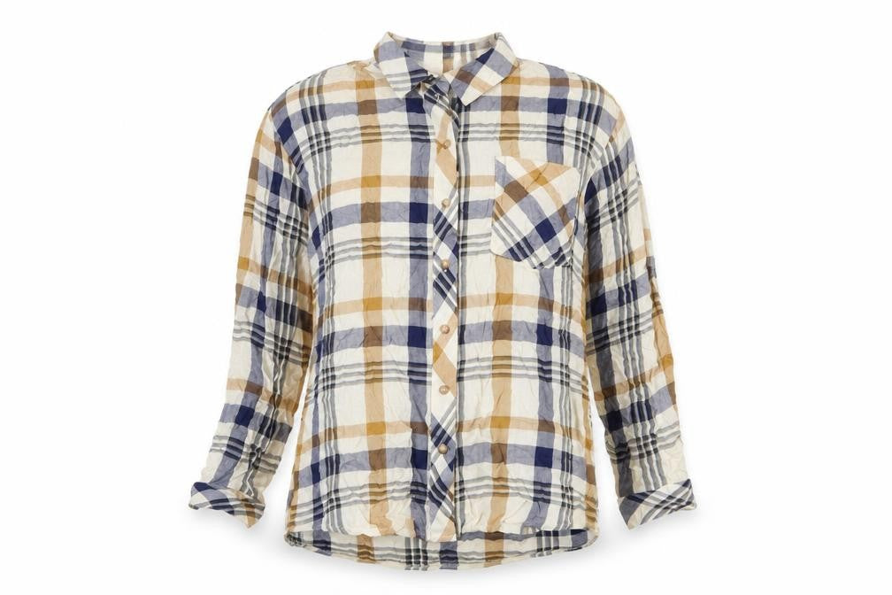 Front view of Warehouse women’s multicoloured plaid viscose basic button-up, size UK 6, collared