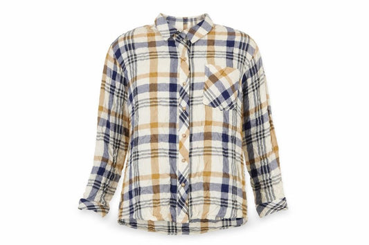 Front view of Warehouse women’s multicoloured plaid viscose basic button-up, size UK 6, collared