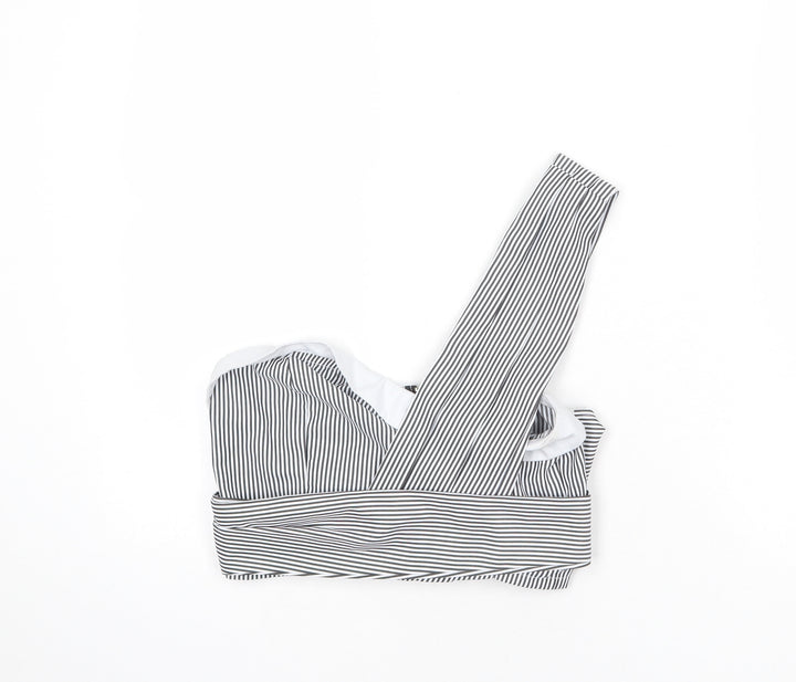 PRETTYLITTLETHING Womens White Striped Polyester Cropped T-Shirt Size 8 One Shoulder - Tie Detail