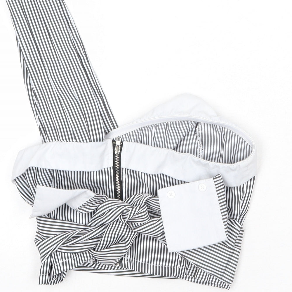 PRETTYLITTLETHING Womens White Striped Polyester Cropped T-Shirt Size 8 One Shoulder - Tie Detail