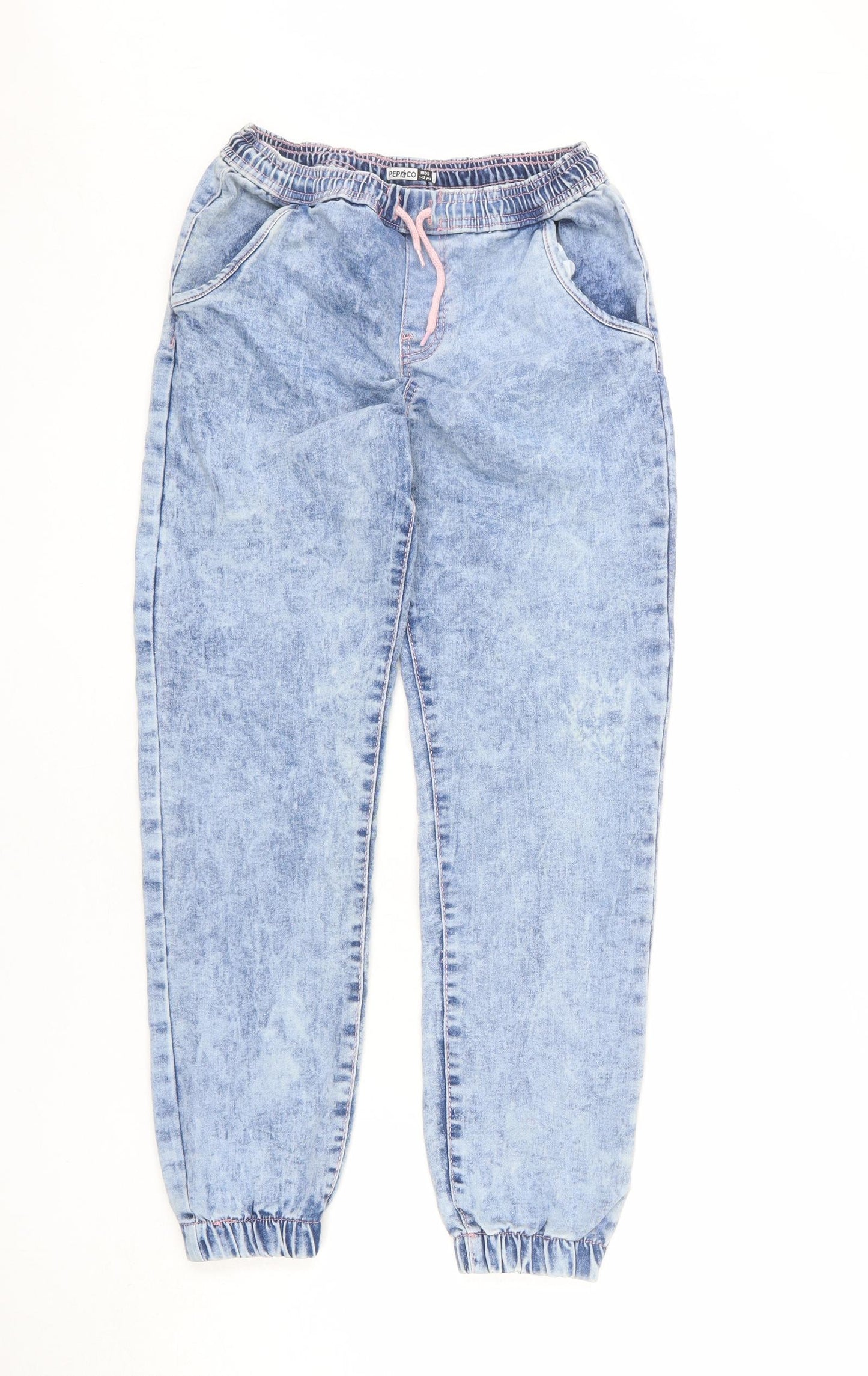 PEP&CO Girls Blue Cotton Tapered Jeans Size 11-12 Years L25 in Regular Drawstring - Acid Wash Effect, Jogger Look