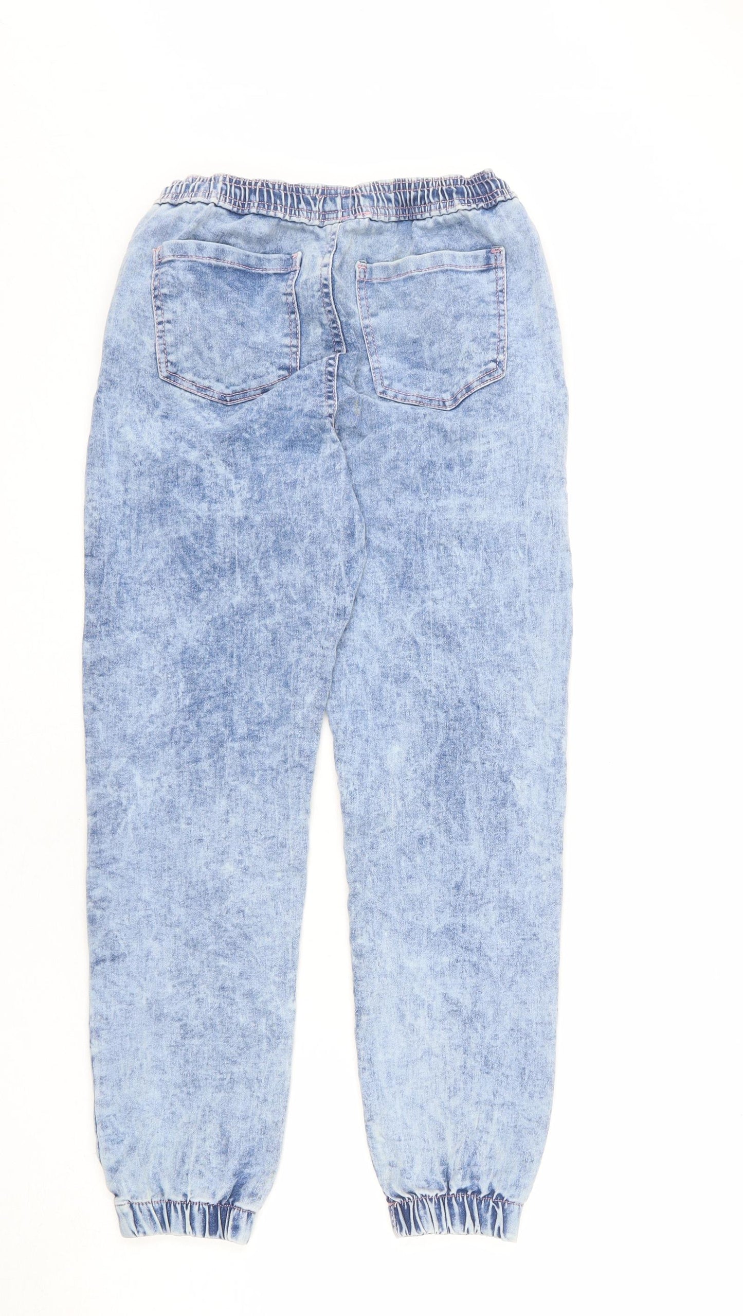 PEP&CO Girls Blue Cotton Tapered Jeans Size 11-12 Years L25 in Regular Drawstring - Acid Wash Effect, Jogger Look