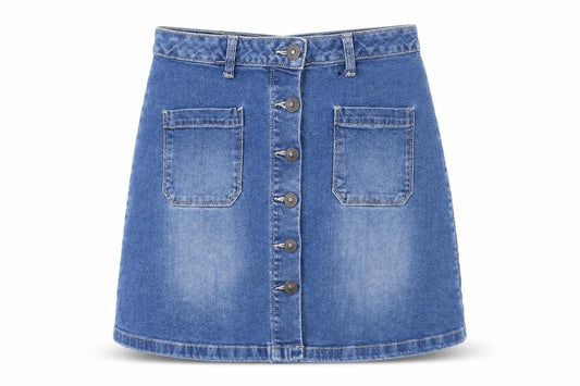 Front view of Avenue women’s blue cotton a-line skirt, size UK 10, button
