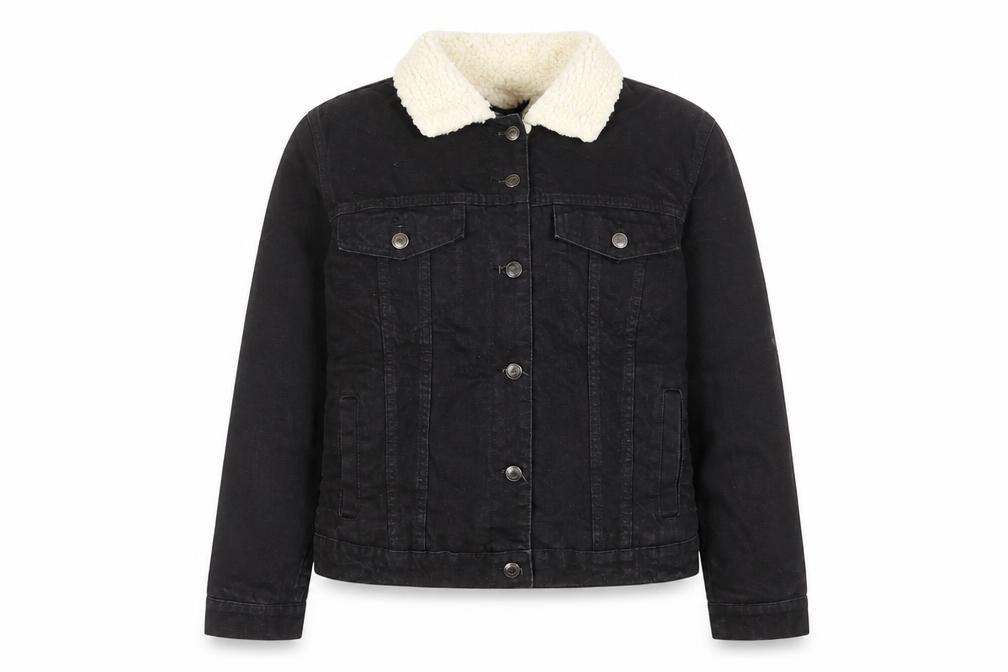 Front view of Denim & Co. women’s black jacket, size UK 6, button