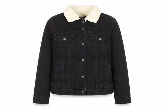Front view of Denim & Co. women’s black jacket, size UK 6, button