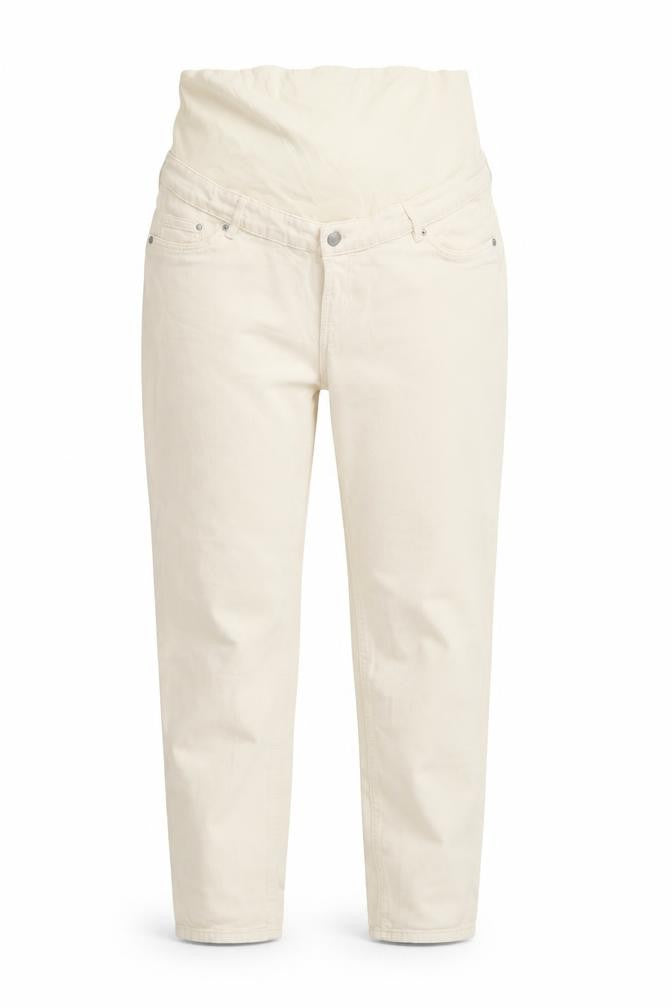 Front view of H&M women’s beige cotton straight jeans, size L, 25-inch leg regular button