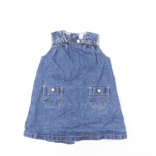 Petit Bateau Girls Blue 100% Cotton Pinafore/Dungaree Dress Size 6-9 Months Round Neck Snap - Floral Buttons, 6 Months