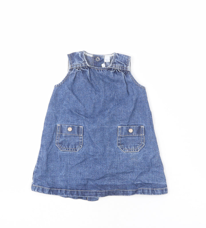 Petit Bateau Girls Blue 100% Cotton Pinafore/Dungaree Dress Size 6-9 Months Round Neck Snap - Floral Buttons, 6 Months