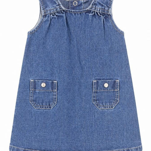 Petit Bateau Girls Blue 100% Cotton Pinafore/Dungaree Dress Size 6-9 Months Round Neck Snap - Floral Buttons, 6 Months