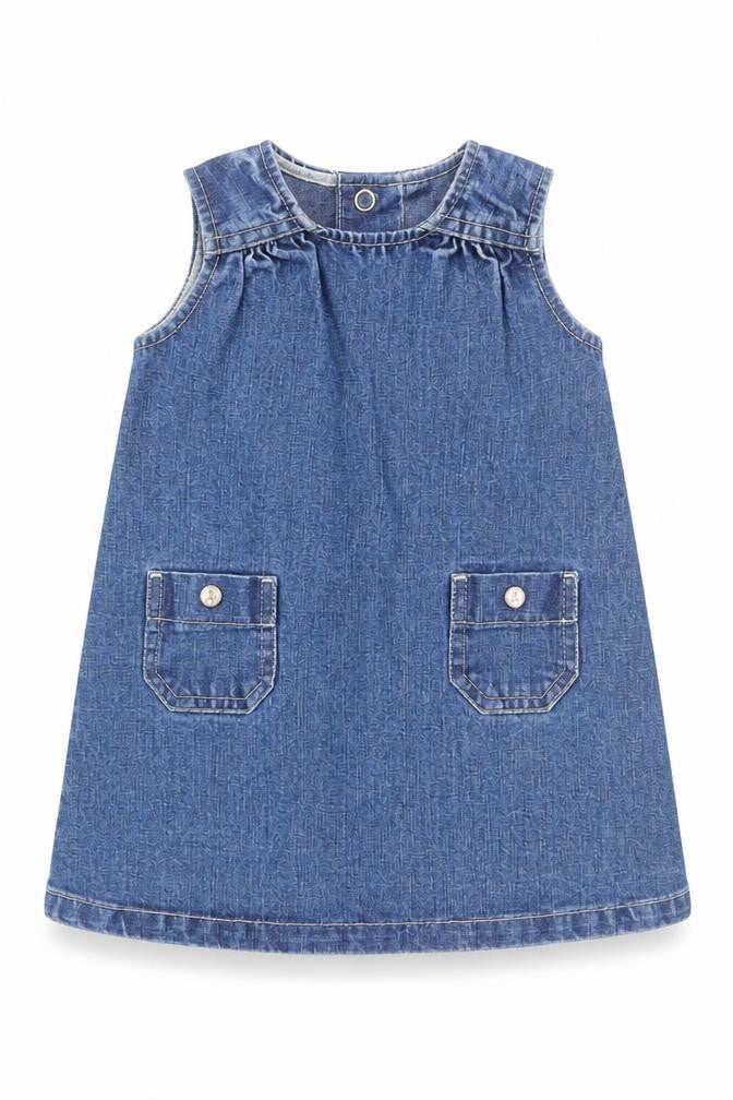 Petit Bateau Girls Blue 100% Cotton Pinafore/Dungaree Dress Size 6-9 Months Round Neck Snap - Floral Buttons, 6 Months