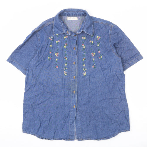Bonmarché Womens Blue Cotton Basic Button-Up Size 18 Collared - Floral Embroidery