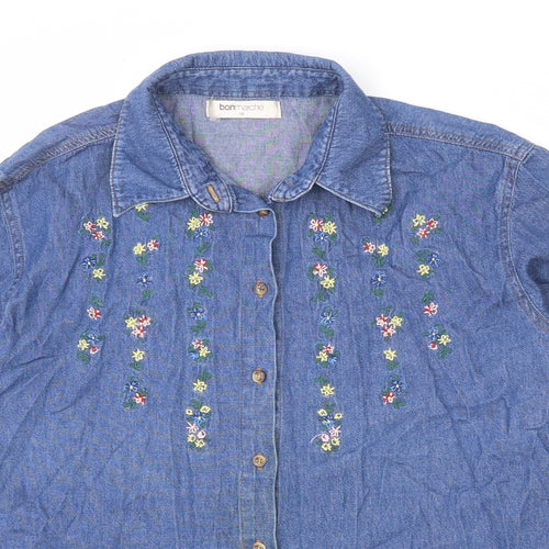 Bonmarché Womens Blue Cotton Basic Button-Up Size 18 Collared - Floral Embroidery