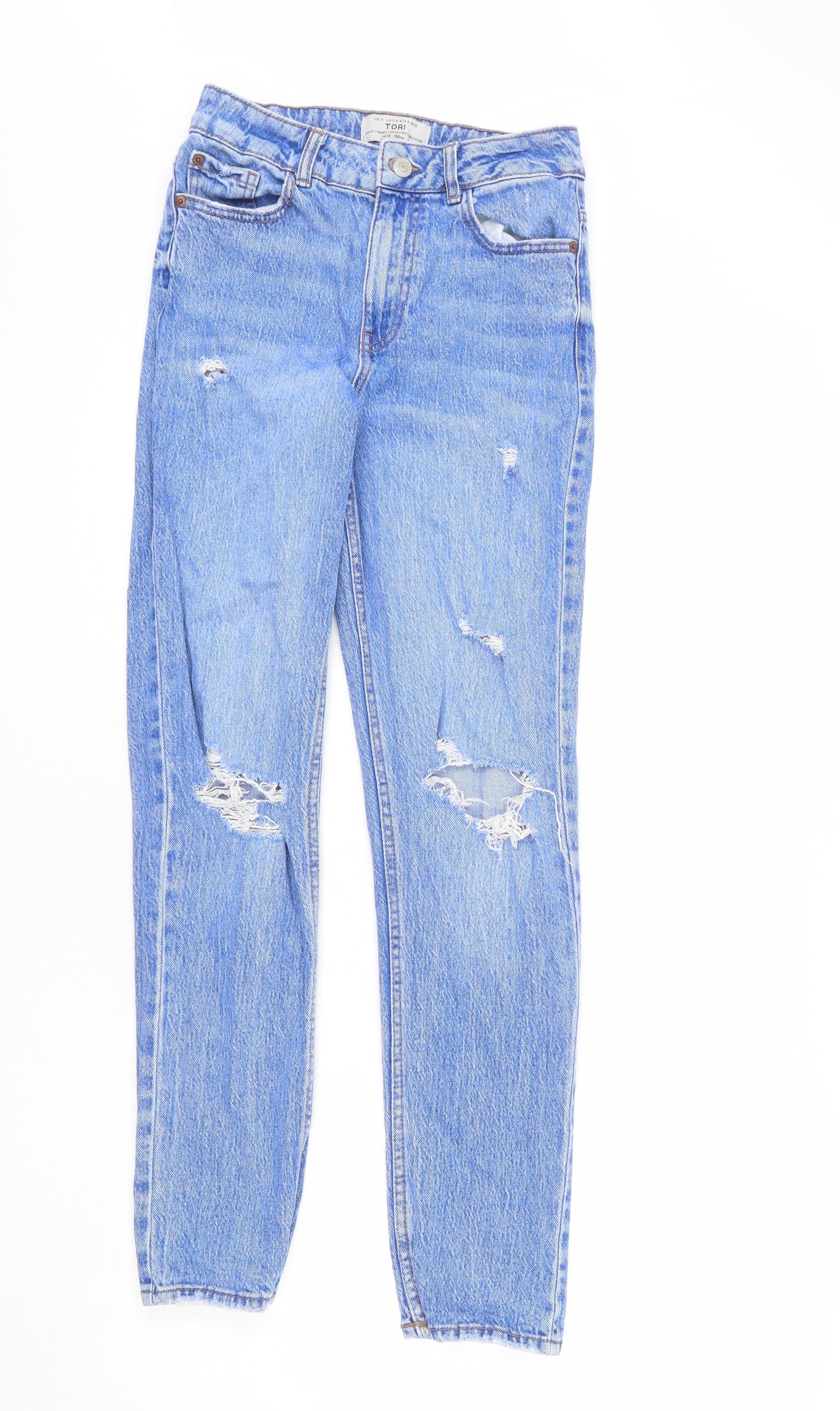 New Look Girls Blue Cotton Straight Jeans Size 14 Years L27 in Regular Zip - Distressed