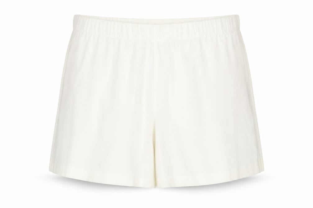 Front view of Marks & Spencer women’s ivory polyester paperbag shorts, size UK 18, 6-inch leg regular pull on