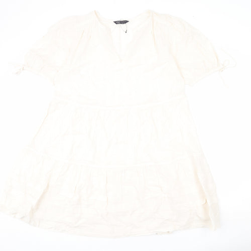 Marks and Spencer Womens Beige Geometric 100% Cotton A-Line Size 12 V-Neck Pullover - Bows