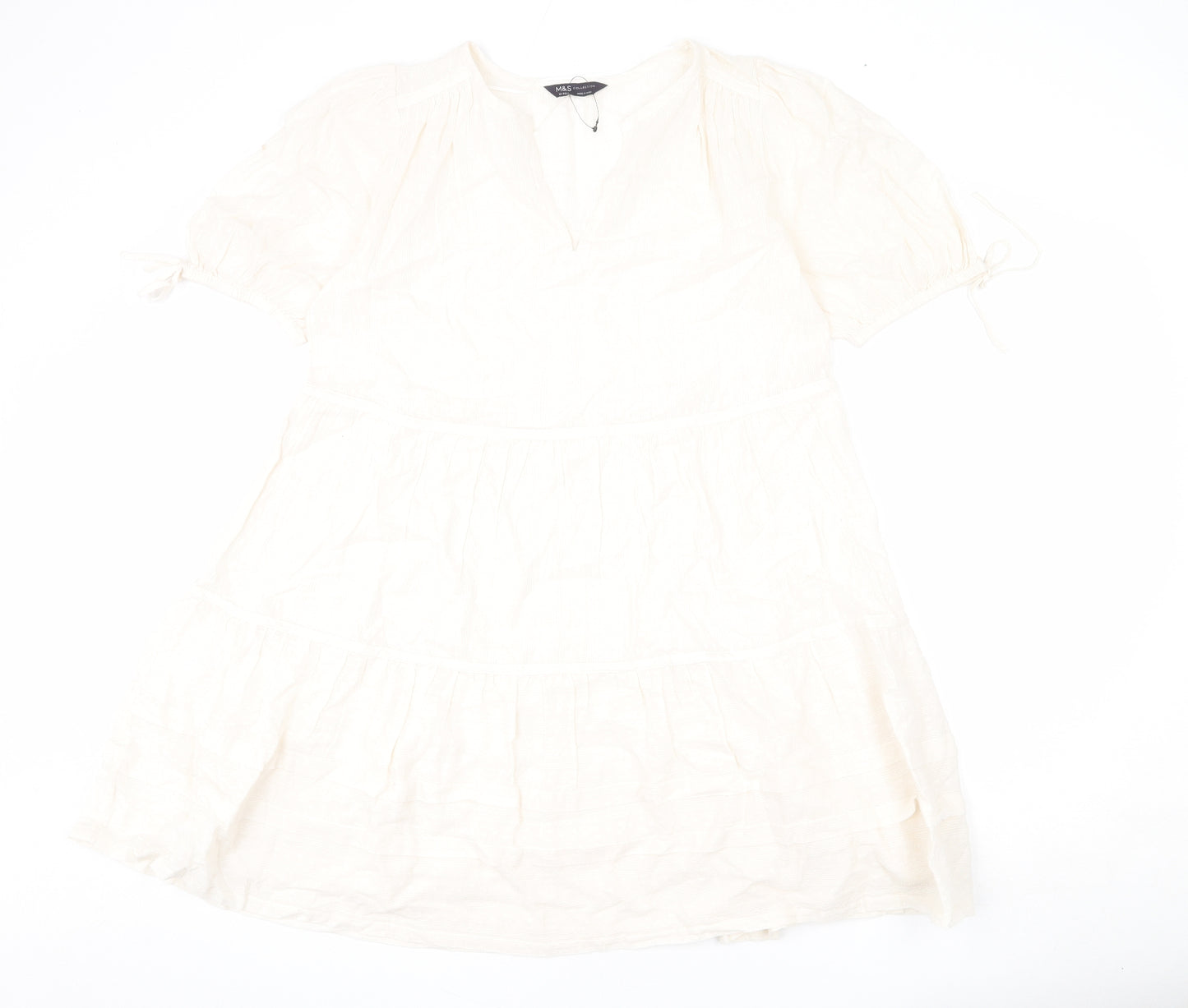 Marks and Spencer Womens Beige Geometric 100% Cotton A-Line Size 12 V-Neck Pullover - Bows
