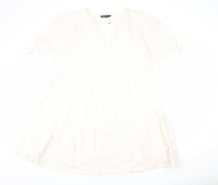 Marks and Spencer Womens Beige Geometric 100% Cotton A-Line Size 12 V-Neck Pullover - Bows