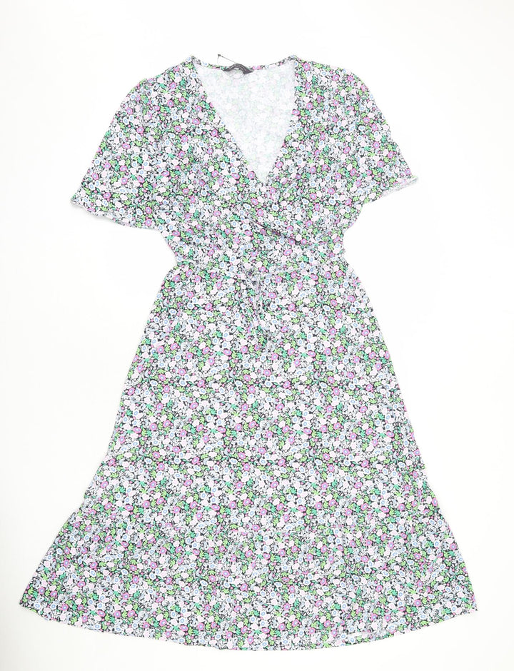 Marks and Spencer Womens Multicoloured Floral Viscose A-Line Size 8 V-Neck Pullover