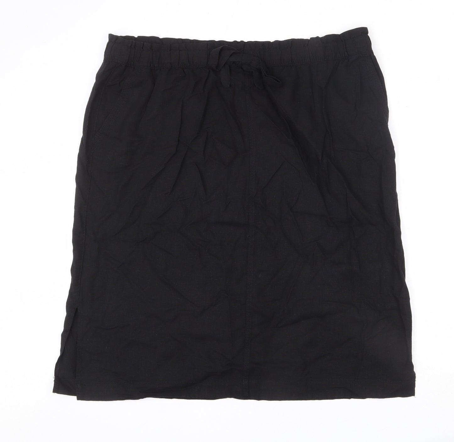 Marks and Spencer Womens Black Linen A-Line Skirt Size 24 - Side Slits, Tie Details, Elastic Waist