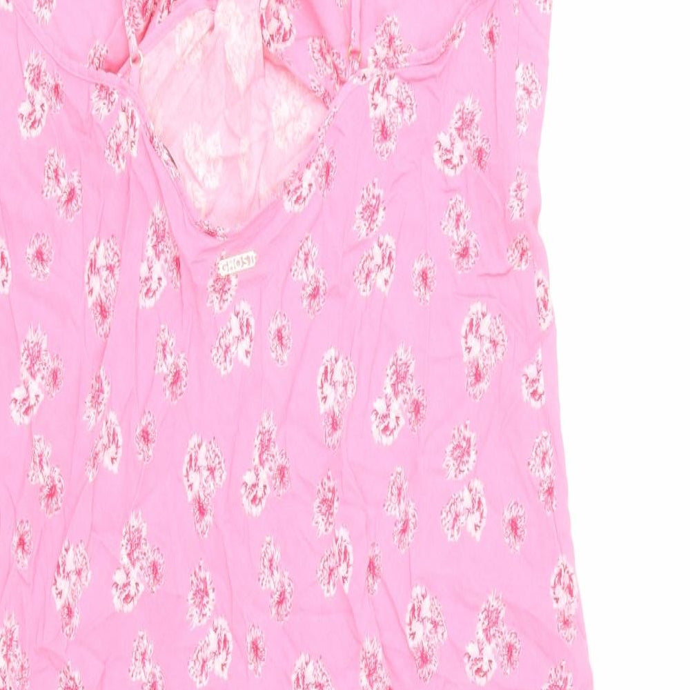 Ghost Womens Pink Floral Viscose Slip Dress Size 14 V-Neck Pullover