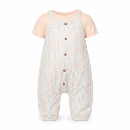 Front view of Marks & Spencer girls’ multicoloured striped polyester jumpsuit outfit/set, size 3-6, months snap