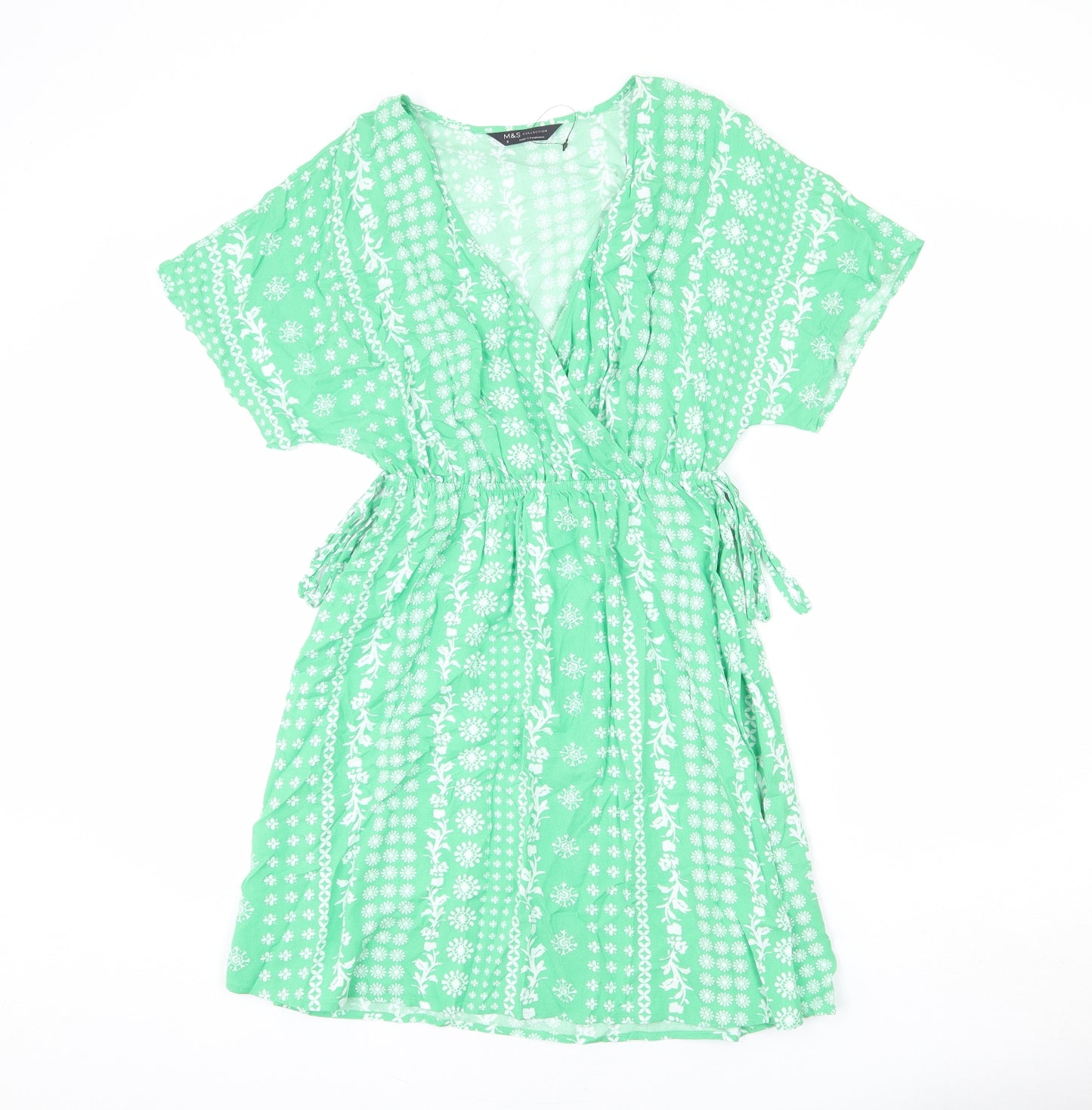 Marks and Spencer Womens Green Geometric Viscose A-Line Size 8 V-Neck Pullover - Tie Detail