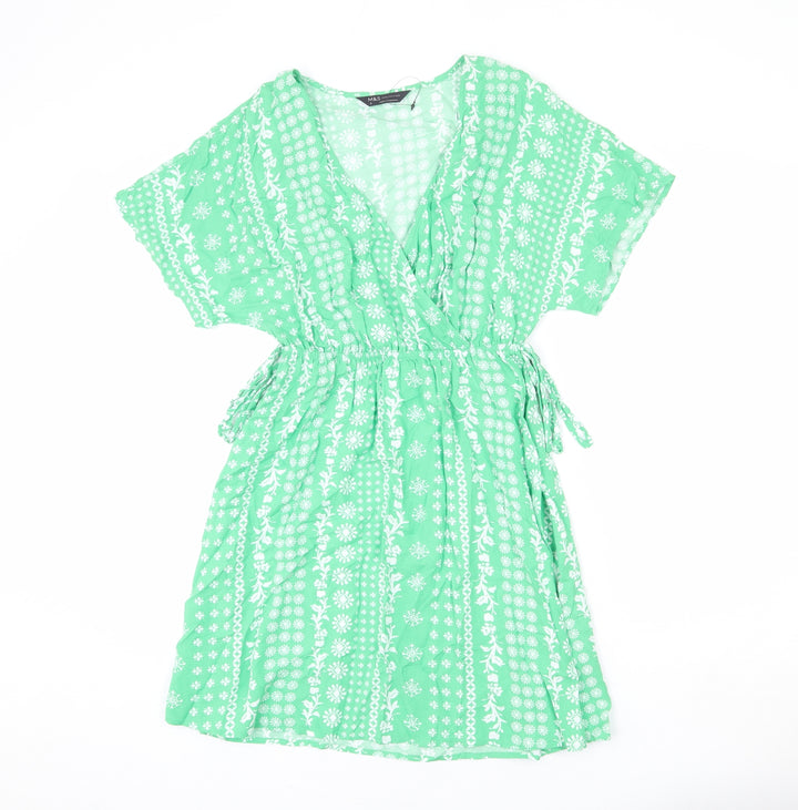 Marks and Spencer Womens Green Geometric Viscose A-Line Size 8 V-Neck Pullover - Tie Detail
