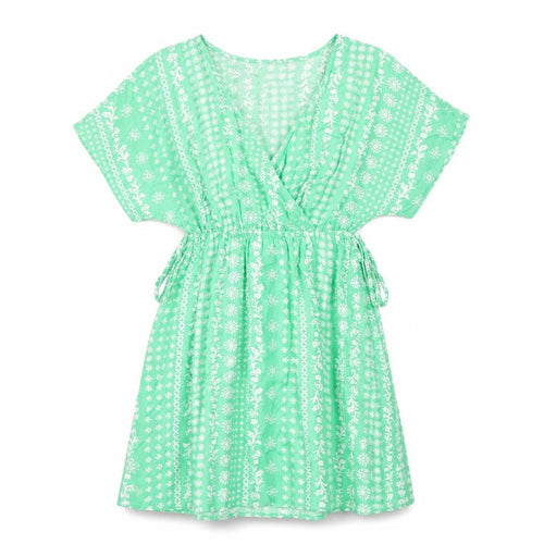 Marks and Spencer Womens Green Geometric Viscose A-Line Size 8 V-Neck Pullover - Tie Detail