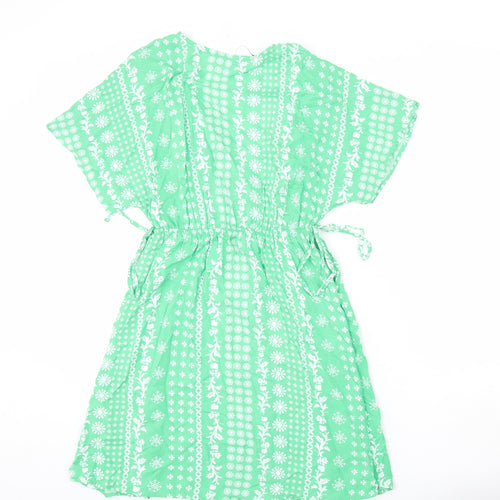 Marks and Spencer Womens Green Geometric Viscose A-Line Size 8 V-Neck Pullover - Tie Detail