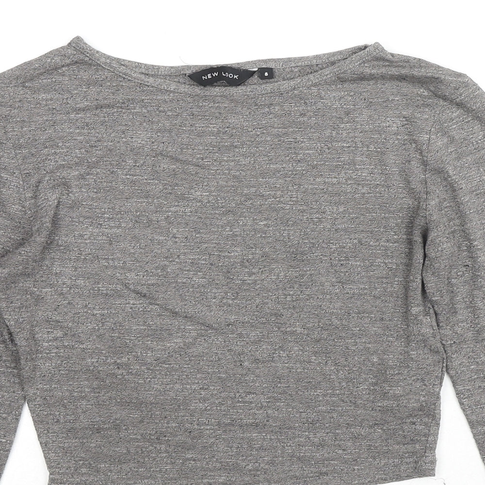 New Look Womens Grey Polyester Cropped T-Shirt Size 8 Round Neck