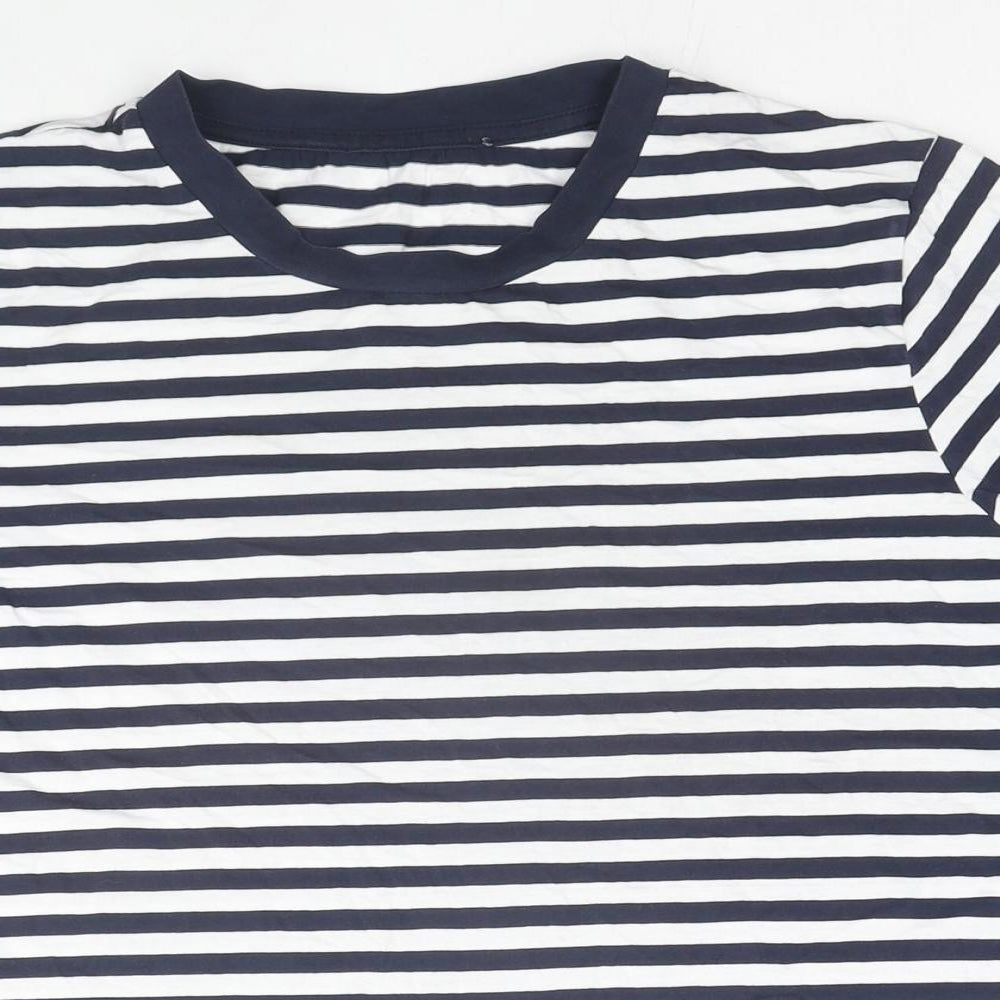 Marks and Spencer Womens Blue Striped Cotton Basic T-Shirt Size 16 Crew Neck