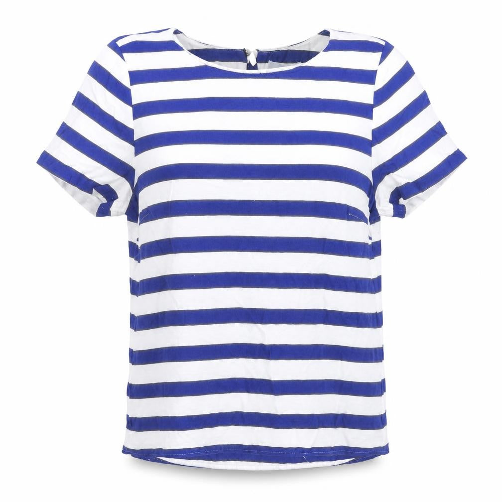 Front view of H&M women’s blue striped viscose basic t-shirt, size UK 10, boat neck