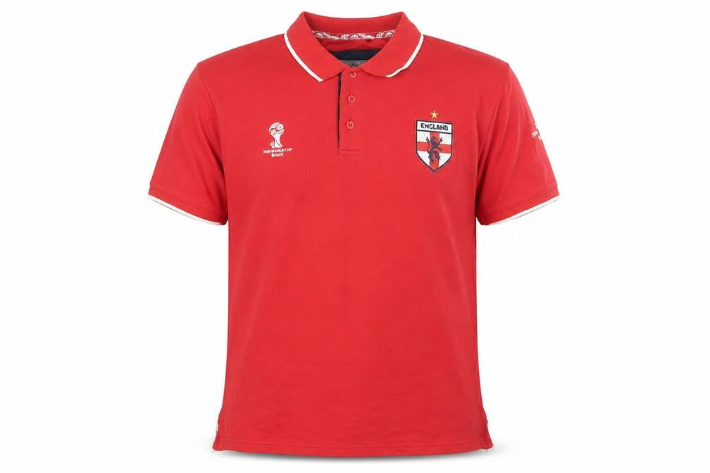 Front view of FIFA men’s red cotton polo, size L, collared pullover - england world cup brazil