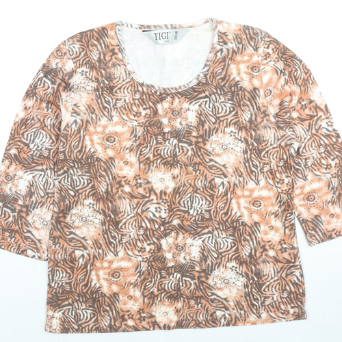 TIGI Womens Beige Geometric Cotton Basic Blouse Size 14 Round Neck - Flowers Size 14-16