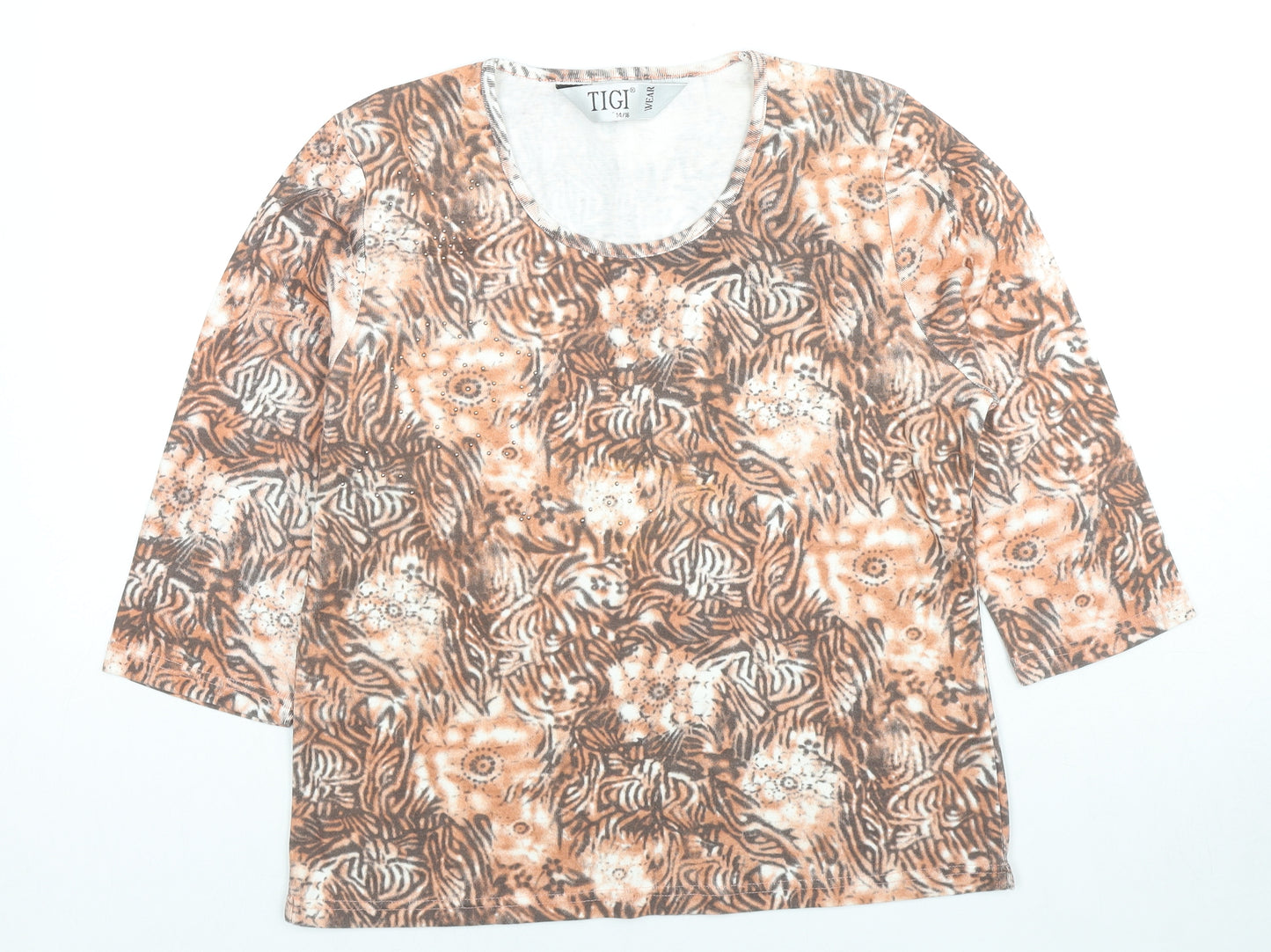 TIGI Womens Beige Geometric Cotton Basic Blouse Size 14 Round Neck - Flowers Size 14-16