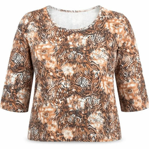 TIGI Womens Beige Geometric Cotton Basic Blouse Size 14 Round Neck - Flowers Size 14-16