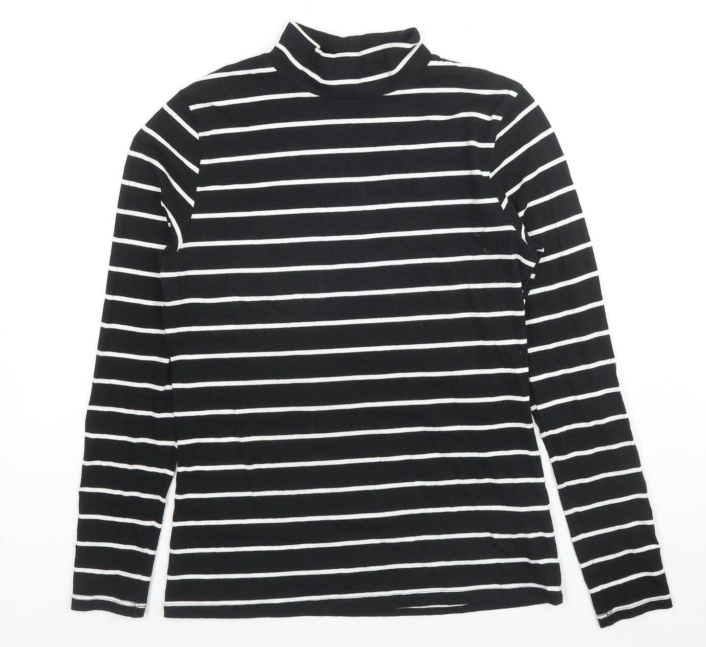 Marks and Spencer Womens Black Striped Cotton Basic T-Shirt Size 8 Mock Neck