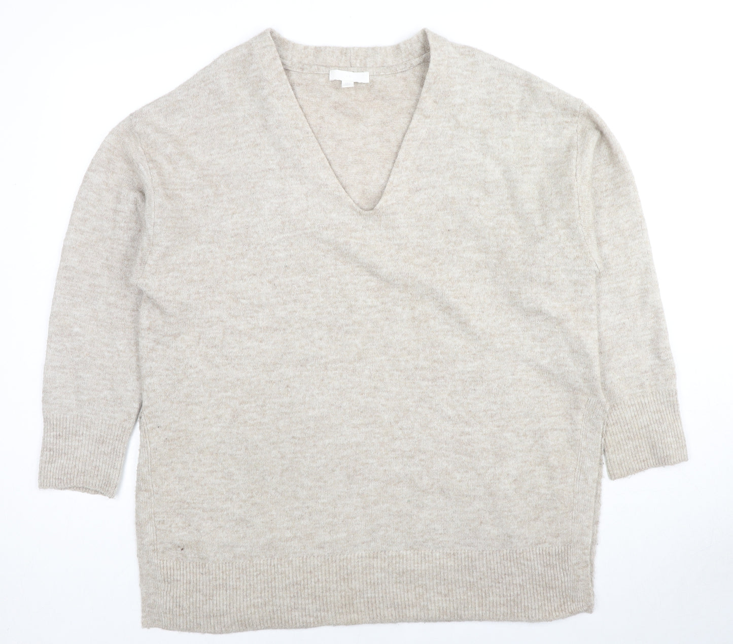 H&M Womens Beige V-Neck Polyester Pullover Jumper Size M