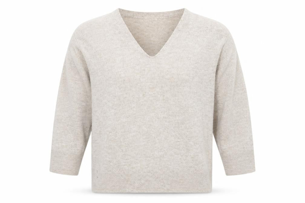 Front view of H&M women’s beige v-neck polyester jumper, size M