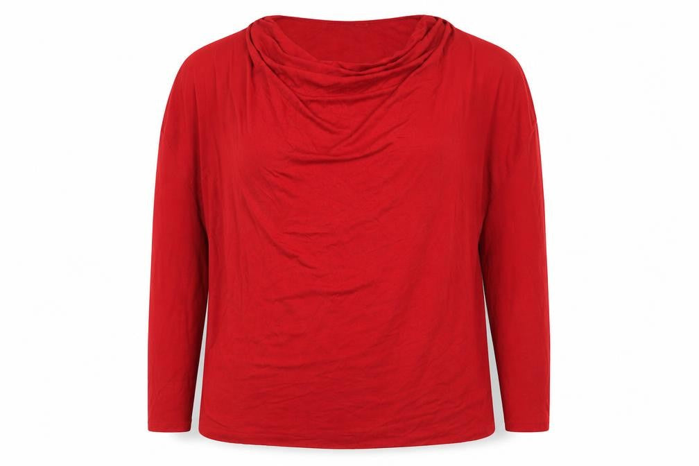 Front view of Inwear women’s red viscose basic blouse, size XL, cowl neck