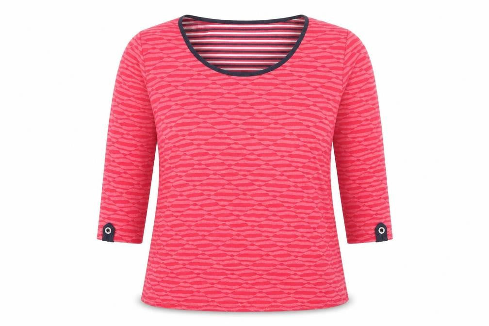Front view of Per Una women’s pink geometric polyester basic blouse, size UK 14, round neck