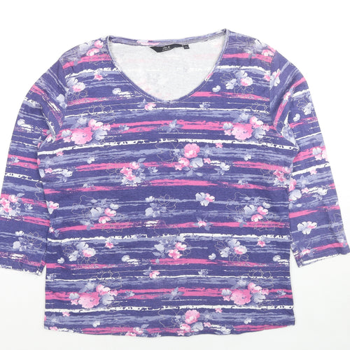 EWM Womens Purple Floral Cotton Basic Blouse Size 18 V-Neck - Flowers, Size 18-20