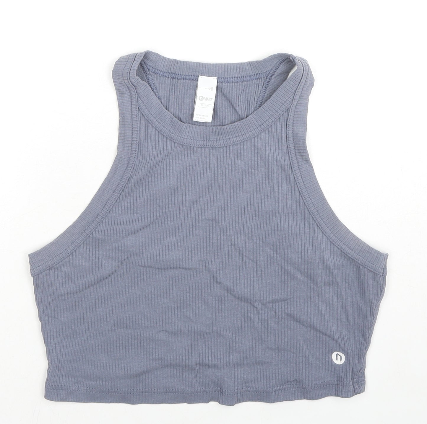 NWIT Womens Blue Cotton Cropped Tank Size M Round Neck