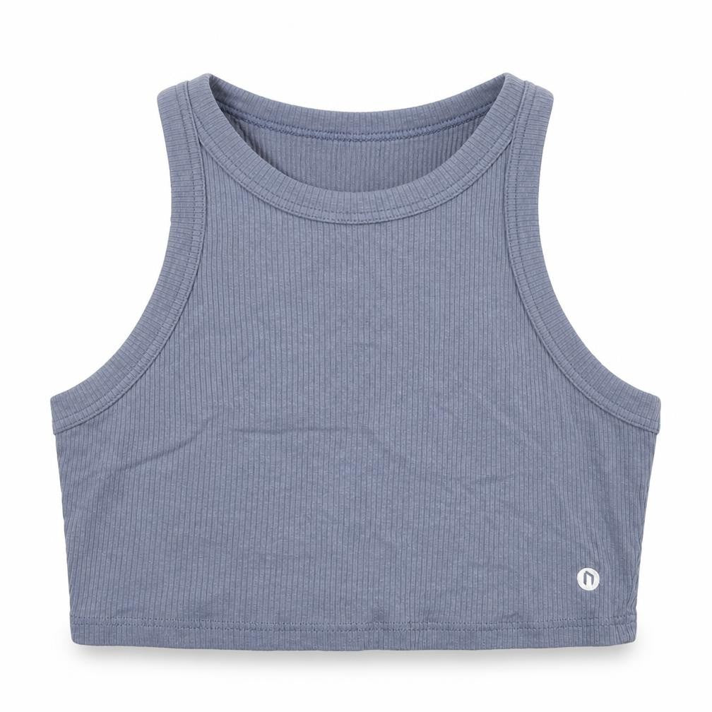 Front view of NWIT women’s blue cotton cropped tank, size M, round neck