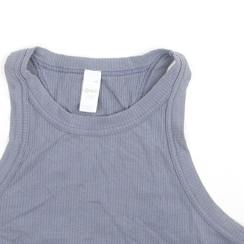 NWIT Womens Blue Cotton Cropped Tank Size M Round Neck