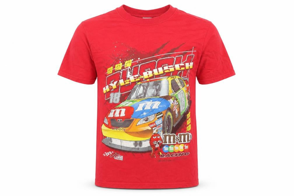 Front view of Chase boys’ red cotton basic t-shirt, size S, round neck pullover - joe gibbs racing m&m's