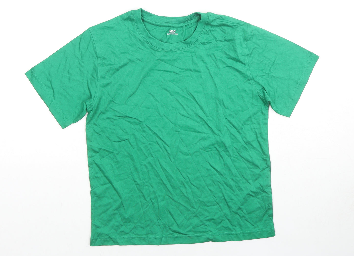 Marks and Spencer Boys Green Cotton Basic T-Shirt Size 9-10 Years Round Neck Pullover